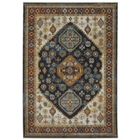 HomeRoots 508040 3 x 5 ft. Blue Red Beige Orange Gold & Tan Oriental Power Loom Stain Resistant Rectangle Area Rug with Fringe