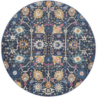 HomeRoots 522563 8 ft. Navy Blue Floral Power Loom Round Area Rug