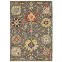 HomeRoots 509335 6 x 9 ft. Gray Charcoal Yellow Blue Rust Red Pink Green & Ivory Oriental Power Loom Stain Resistant Rectangle Area Rug with Fringe