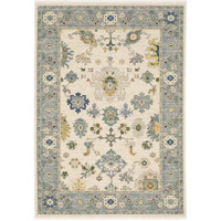 HomeRoots 509354 3 x 5 ft. Ivory Blue Gray Teal Gold Green & Rust Oriental Power Loom Stain Resistant Rectangle Area Rug with Fringe