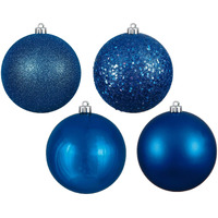 Vickerman 4  Blue 4 Finish Ball Ornament 12 per Box - Shatterproof Plastic Durable Holiday Ornament - Featuring Shiny, Matte, Sequin and Glitter Finishes