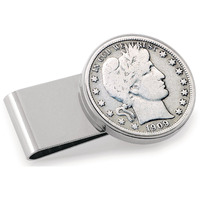 American Coin Treasures U.S. Coin Money Clip - Silver Barber Half Dollar | Stainless Steel Moneyclip Layered in Silver-Tone Rhodium | Holds Currency, Credit Cards, Cash | Certificate of Authenticity