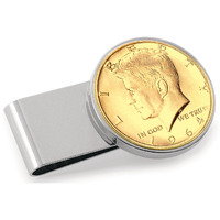 Coin Money Clip - JFK 1964 First Year of Issue Silver Half Dollar Layered in Pure Gold | Stainless Steel Moneyclip Layered in Silver-Tone Rhodium | Holds Currency, Credit Cards, Cash | Genuine Coin