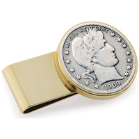 Coin Money Clip - Silver Barber Half Dollar | Stainless Steel Moneyclip Layered in Pure 24k Gold | Holds Currency, Credit Cards, Cash | Genuine U.S. Coin | Includes a Certificate of Authenticity