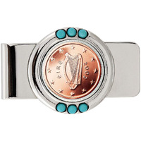 Coin Money Clip - Ireland Two Euro | Brass Moneyclip Layered in Silver-Tone Rhodium with Genuine Turquoise Stones | Holds Currency, Credit Cards, Cash | Genuine Coin | Certificate of Authenticity