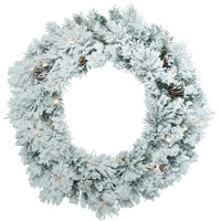 Vickerman 30  Flocked Ashton Pine Artificial Christmas Wreath, Clear Dura-lit Incandescent Mini Lights - Faux Pine Christmas Wreath - Indoor Seasonal Home Decor