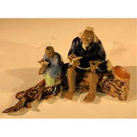 Miniature Ceramic FigurineFather & Son Sitting on a Log Reading Books - 2.5Color  Powdered Blue and Blue