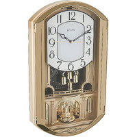 Bulova C4900 Golden Music Wall Clock | Gold-Tone Case with Rotating Crystal Pendulum | 12 Melodies | Adjustable Volume | Night Shutoff