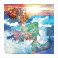 Sunset Mermaid 2 White Framed Print Wall Art