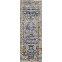 10' Ivory Orange And Blue Floral Power Loom Distressed Runner Rug With Fringe