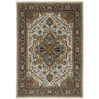 HomeRoots 508077 6 x 9 ft. Ivory Beige Blue Orange Gold Green Gray & Rust Oriental Power Loom Stain Resistant Rectangle Area Rug with Fringe