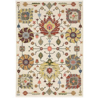 HomeRoots 509343 8 x 11 ft. Ivory Yellow Rust Green Gray Pink Orange Blue & Gray Oriental Power Loom Stain Resistant Rectangle Area Rug with Fringe, Rectangular