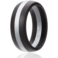 ROQ Silicone Rubber Wedding Ring for Men, Comfort Fit, Men's Wedding Band, Breathable Rubber Engagement Band, 8mm Wide 2mm Thick, Dome Style Middle Line, Solid Stripes, Single, Black & Silver, Size 9