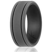 ROQ Silicone Rubber Wedding Ring for Men, Comfort Fit, Men's Wedding Band, Breathable Rubber Engagement Band, 9mm Wide 2mm Thick, 2 Thin Lines Duo Collection, Single, Black & Grey, Size 11