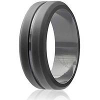 ROQ Silicone Rubber Wedding Ring for Men, Comfort Fit, Men's Wedding Band, Breathable Rubber Engagement Band, 8mm Wide 2mm Thick, Engraved Middle Line, Single, Grey, Size 16