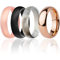 ROQ - 4 Pack - 3 Silicone & 1 Tungsten Carbide Wedding Rings for Women  Womens Silicone Ring for Work/Sport, Tungsten Band for Events - Dome Comfort Fit Style - Rose Gold, Black, Marble - Size 6