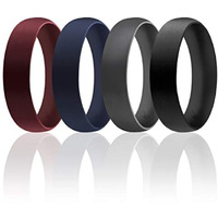 ROQ Silicone Rubber Wedding Ring for Men & Women, Comfort Fit, Men & Women's Wedding Band, Breathable Unisex Rubber Engagement Band, 6mm Wide 2mm Thick, Dome Solid Thin, 4 Pack, Black, Grey, Dark Blue, Bordeaux, Size 14