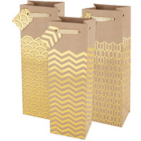 Cakealk Marketplace Kraft Single Bottle Paper Wine Bag Assortment, Bron/Gold