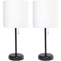 Limelights LC2001-BAW-2PK Black Stick Table Lamp with Charging Outlet & Fabric Shade44; White - Set of 2