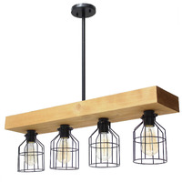 Lalia Home 4 Light Rustic Farmhouse Pendant with Light Wood Beam and Matte Black Metal Cage Shade