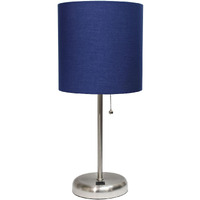 Creekwood Home Oslo 19.5  Contemporary Bedside USB Port Feature Standard Metal Table Desk Lamp in Brushed Steel with Navy Blue Drum Fabric Shade