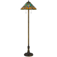 HomeRoots 526321 63 in. Brass Two Light Traditional Floor Lamp with Blue & Orange Dragonfly Tiffany Glass Empire Shade