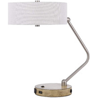 HomeRoots 524743 20 in. Nickel Metal Two Light Desk USB Table Lamp with White Drum Shade