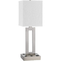 HomeRoots 524763 24 in. Nickel Metal Desk USB Table Lamp with White Drum Shade