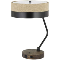 HomeRoots 524698 20 in. Metal Two Light Desk USB Table Lamp with Beige Drum Shade Black