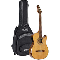 Ortega Guitars 6 String Signature Series Ben Woods Solid Top Thinline Crossover Acoustic-Electric Nylon Classical Guitar w/Bag, Right (FLAMETAL-TWO)