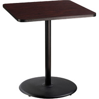 National Public Seating NPS 36  Square Cafe Table with Round Base, 42  Height, Particleboard Core/T-Mold, Mahogany Top, Black Frame