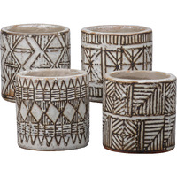 Urban Trends Different Tribal Pattern Design Terracotta Round Pot with Distressed Gloss Finish, Tan - Assortment of 4