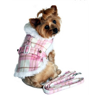 Doggie Design Pink and White Plaid Dog Harness Coat with Leash Large (Chest 19-21, Neck 14-17, Weight 16-25lbs.)