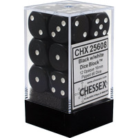 Chessex 25608 Opaque Black with White - 16 mm Six Sided Dice Set of 12