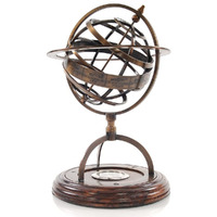 Old Modern Handicrafts Brass Armillary Globe with Compass On Wood Base - Handcrafted from Brass & Wood - 7.0L x 7.0W x 11.0H Inches