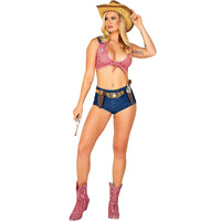 Adult Showdown Sheriff Diva Costume | Womens 4PC Plaid Midriff Top w/Stretch Denim Shorts, Belt, Holster, Sheriff Badge Small