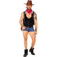 Adult Showdown Cowboy Costume | Men's 7PC Ranch Hand Outlaw Complete Outfit: Vest, Shorts, Hat, Holster Harness, Bandana Small