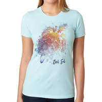 Del Sol Color Changing Women's Premium Crew Tee, Turtle Splash, Ice Blue, Size L