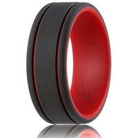 ROQ Silicone Rubber Wedding Ring for Men, Comfort Fit, Men's Wedding Band, Breathable Rubber Engagement Band, 9mm Wide 2mm Thick, 2 Thin Lines Duo Collection, Single, Red & Black, Size 8