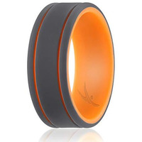 ROQ Silicone Rubber Wedding Ring for Men, Comfort Fit, Men's Wedding Band, Breathable Rubber Engagement Band, 9mm Wide 2mm Thick, 2 Thin Lines Duo Collection, Single, Orange & Grey, Size 11