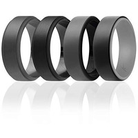 ROQ Silicone Rubber Wedding Ring for Men, Comfort Fit, Men's Wedding Band, Breathable Rubber Engagement Band, 8mm Wide 2mm Thick, Beveled Duo Collection, 4 Pack, Black & Grey, Size 14