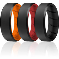 ROQ Silicone Rings, Breathable Silicone Rubber Wedding Ring Band for Men with Comfort-Fit Design, 8mm Beveled Duo, 3 Pack - Black, Red, Orange Colors - Size 13