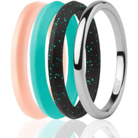 ROQ Silicone Rubber Wedding Ring for Women, Rubber Silicone Wedding Band, Bridal Jewelry Set, Anniversary Rings, Promise Ring, Tungsten Carbide & Classic Stackable Silicone Ring Set, 2mm Wide 2mm Thick, 4 Pack, Black, Turquoise, Rose Gold, Silver, Size 6