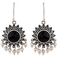 Voylla Brass Oxidized Silver Plating Flower Shape Dangler Earrings with Black Stone for Women and Girls