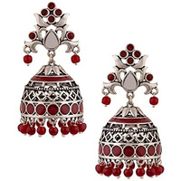 Voylla Brass Silver Oxidised Plating Rangabati Red Embellishments Jhumka Earrings with Pearl Beads for Women and Girls