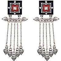 Voylla Brass Silver Oxidised Square Mandala Rangoli Design Inspired Tassels Earrings for Women and Girls