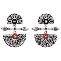 Voylla Brass Silver Oxidised Mandala Design Lightly Embellished Drop Earrings for Women and Girls