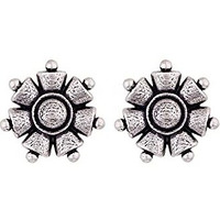 Voylla Silver Oxidised Brass Floral Motif Boho Style Stud Earrings Tops for Women and Girls