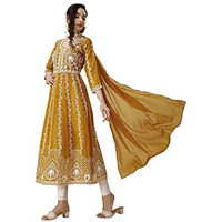 EthnicJunction Women's Georgette Chikankari Embroidery Anarkali Kurta Dupatta Set (KD1-Nazma-Mustard_S_Honey Yellow)