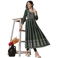 EthnicJunction Women's Green Lucknowi Chikankari Embroidered Thread Work Georgette Anarkali Kurta (B19-Apsara-Bottle Green_M_Bottle Green)